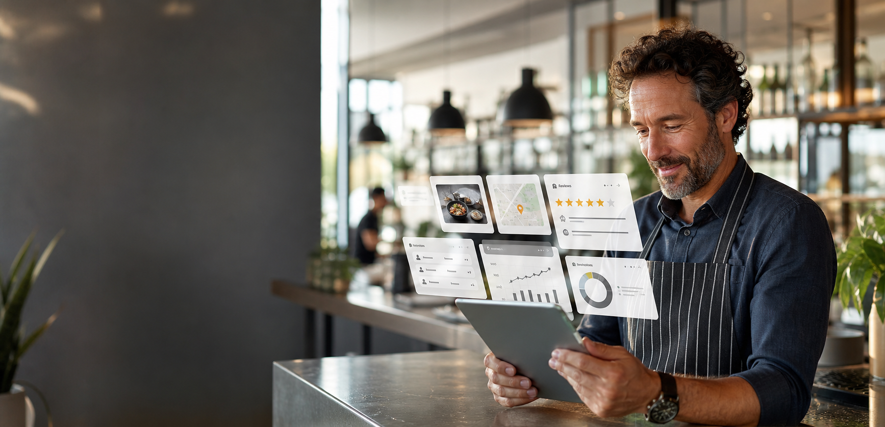 Restaurant owner reviewing online menu, review, map, and growth analytics on a tablet