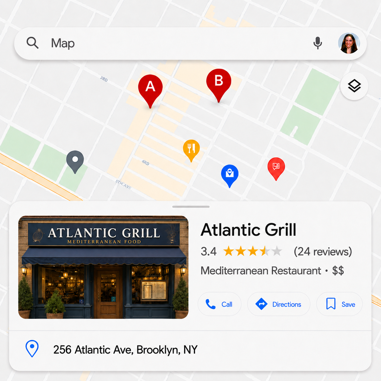 Restaurant A map profile with limited reviews and no website action