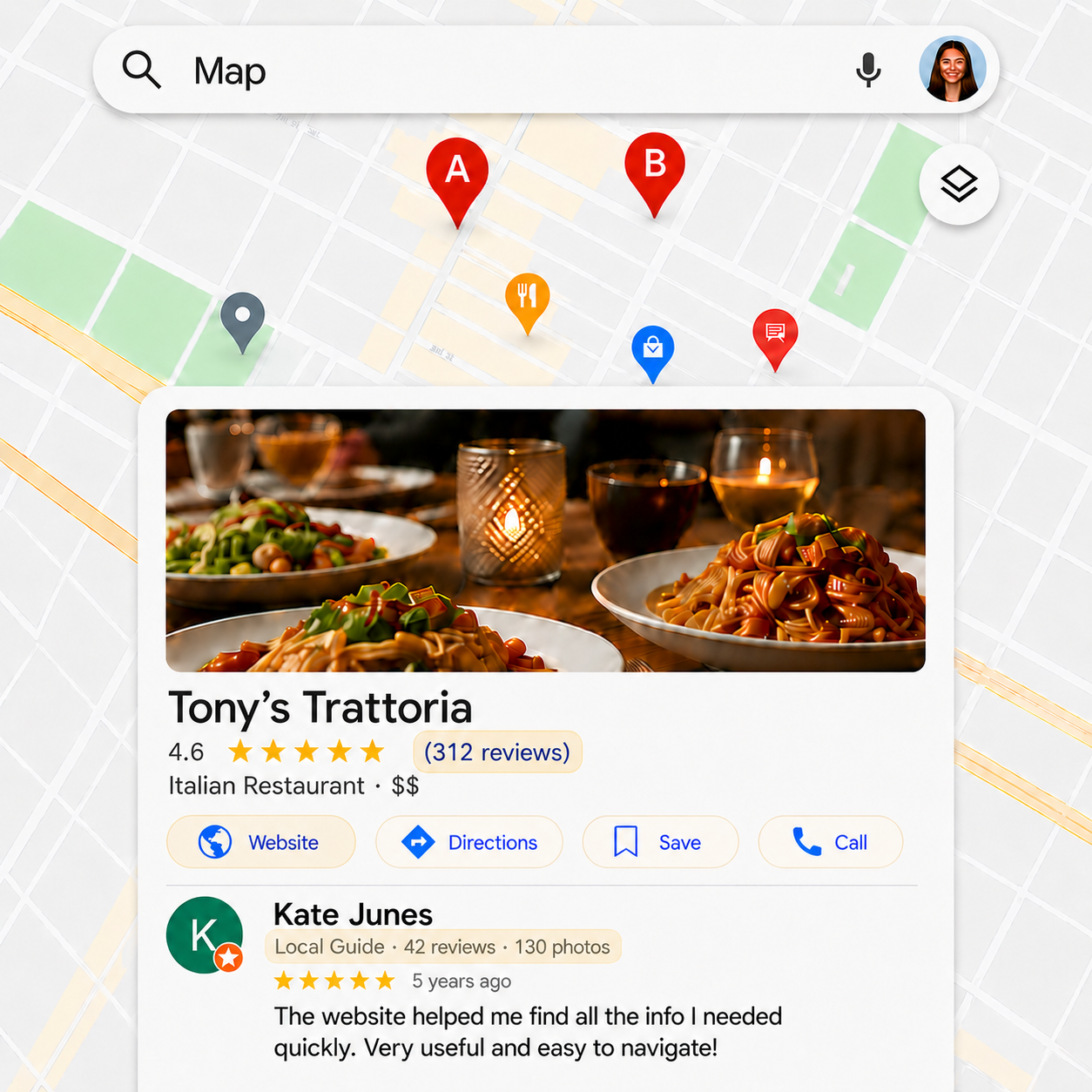 Restaurant B map profile with website, reviews, photos, and customer proof